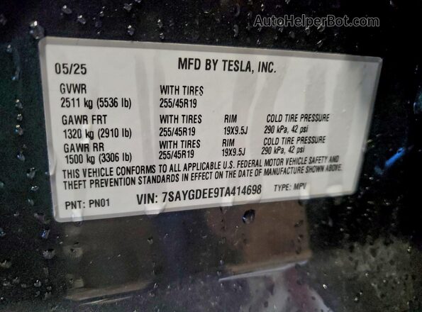 7SAYGDEE9TA414698 2026 TESLA MODEL Gray VIN კოდის სტიკერის ხედი