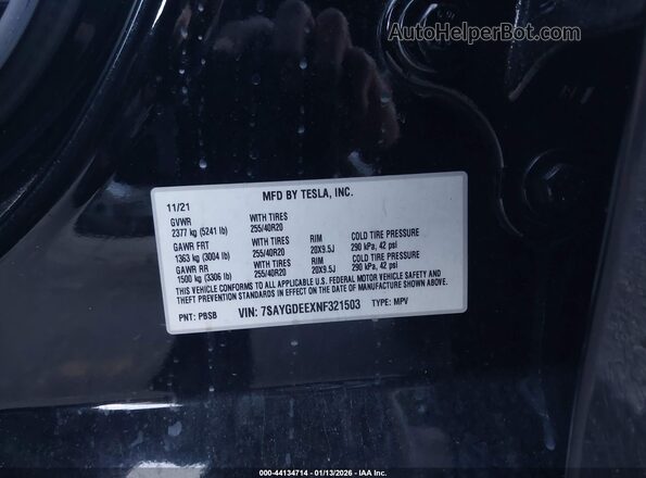 7SAYGDEEXNF321503 2022 TESLA MODEL Y Black Вид підкапотного простору