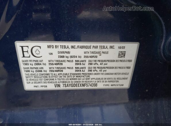 7SAYGDEEXNF574398 2022 TESLA MODEL Y Blue Engine compartment view