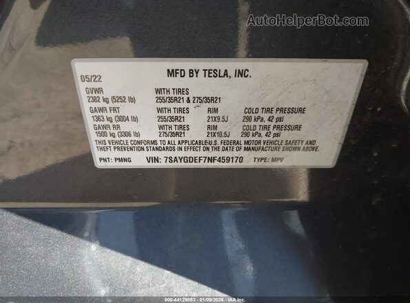 7SAYGDEF7NF459170 2022 TESLA MODEL Y Gray Widok komory silnika