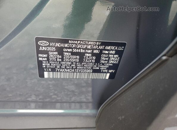 7YAKN4DA1SY035969 2025 HYUNDAI IONIQ Gray Widok naklejki z numerem VIN