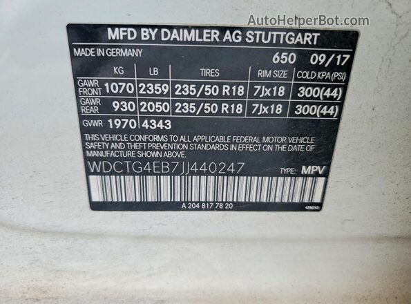 WDCTG4EB7JJ440247 2018 MERCEDES-BENZ GLA-CLASS White VIN կոդի պիտակի տեսք