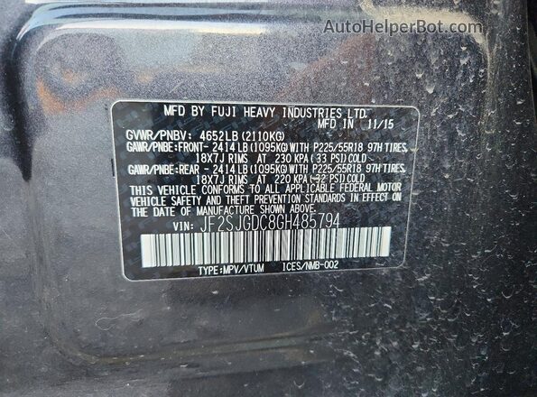 JF2SJGDC8GH485794 2016 SUBARU FORESTER2. Gray 