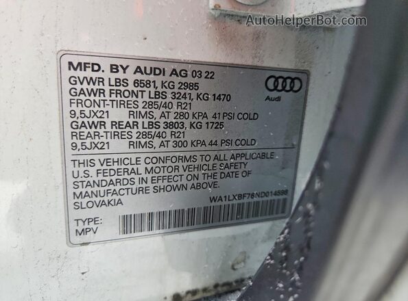 WA1LXBF76ND014598 2022 AUDI Q7 Белый Панорамный вид салона 360°