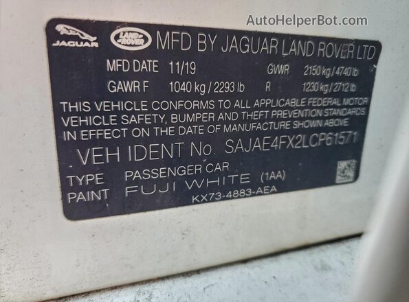 SAJAE4FX2LCP61571 2020 JAGUAR XF White Vista de la etiqueta del VIN