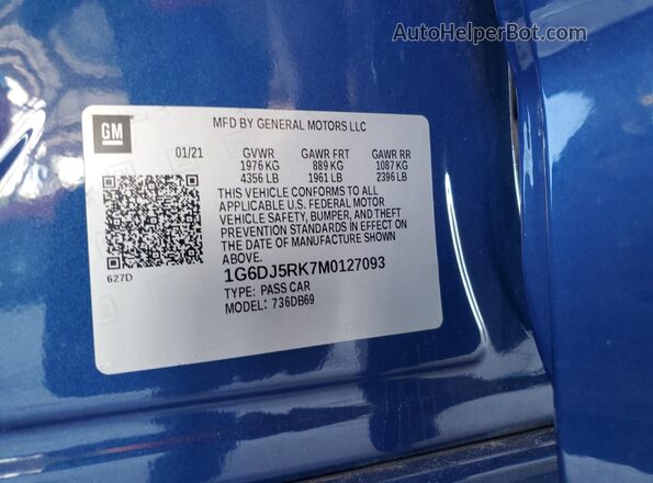 1G6DJ5RK7M0127093 2021 CADILLAC CT4 Синий Вид наклейки с VIN-кодом
