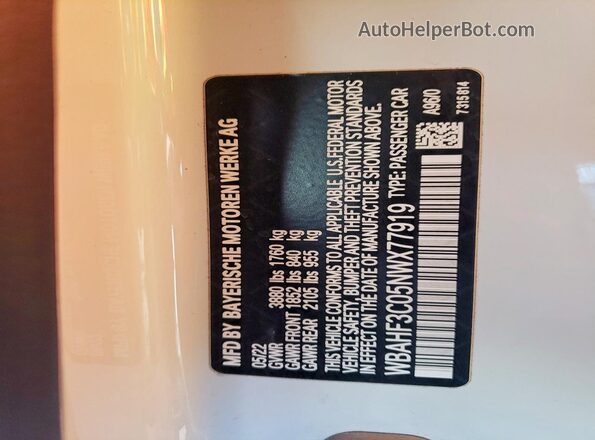 WBAHF3C05NWX77919 2022 BMW Z4 White Вид наклейки з VIN-кодом