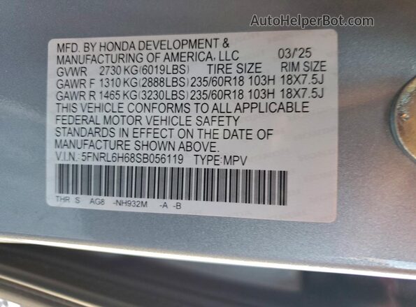 5FNRL6H68SB056119 2025 HONDA ODYSSEY Silver Вид наклейки з VIN-кодом