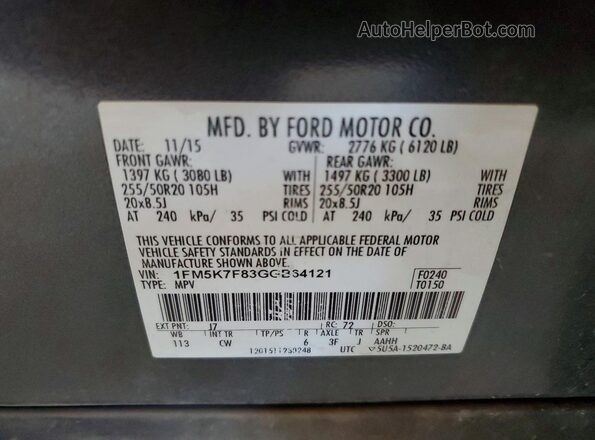 1FM5K7F83GGB64121 2016 FORD FORD EXPLORER Gray 