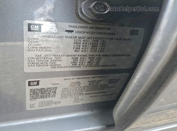 1GCPYCEF2MZ259984 2021 CHEVROLET ALL MODELS Серый Вид наклейки с VIN-кодом