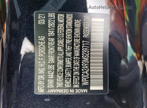 WP0CA2A93MS239717 2021 PORSCHE 911 Черный Вид наклейки с VIN-кодом