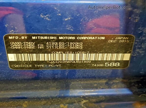JA32V2FW7GU601800 2016 MITSUBISHI LANCER Blue Widok naklejki z numerem VIN