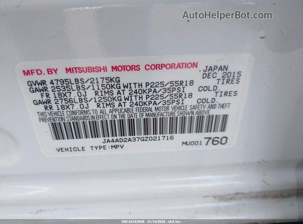JA4AD2A37GZ021716 2016 MITSUBISHI OUTLANDER White Engine compartment view