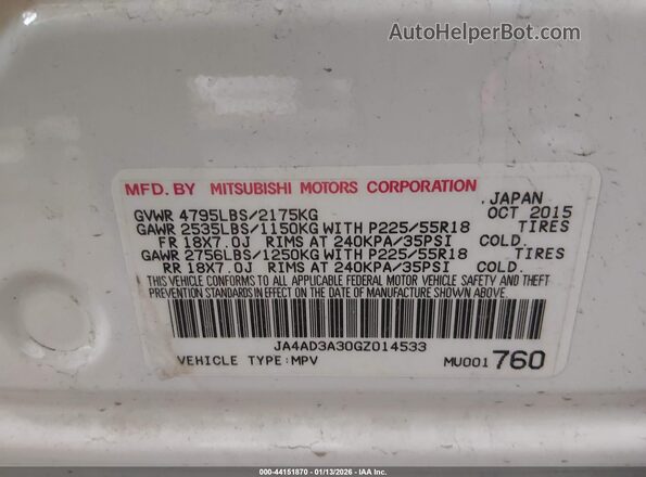JA4AD3A30GZ014533 2016 MITSUBISHI OUTLANDER White Widok komory silnika