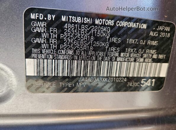 JA4AD3A3XKZ010224 2019 MITSUBISHI OUTLANDER Gray VIN კოდის სტიკერის ხედი