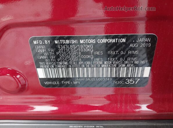 JA4AP3AU2LU003749 2020 MITSUBISHI OUTLANDER SPORT Красный 