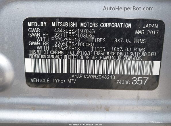 JA4AP3AW3HZ048243 2017 MITSUBISHI OUTLANDER SPORT Silver 