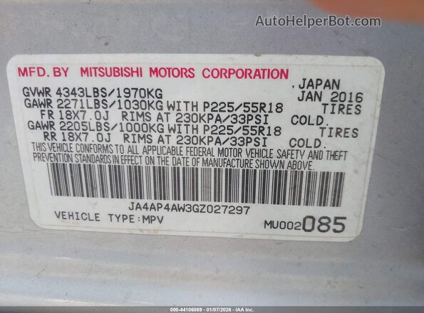 JA4AP4AW3GZ027297 2016 MITSUBISHI OUTLANDER SPORT Silver Vista del compartimento del motor