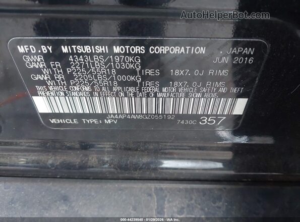 JA4AP4AW8GZ055192 2016 MITSUBISHI OUTLANDER SPORT Black ძრავის განყოფილების ხედი