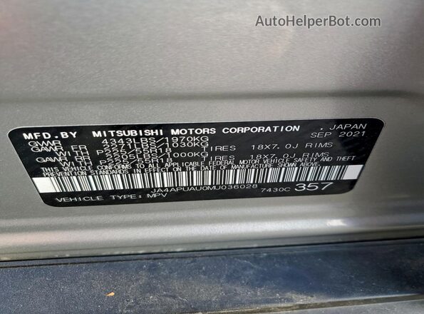 JA4APUAU0MU036028 2021 MITSUBISHI OUTLANDER Silver Vista de la etiqueta del VIN