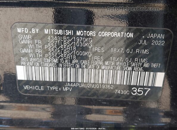 JA4APUAU2NU019362 2022 MITSUBISHI OUTLANDER SPORT Black Вид підкапотного простору