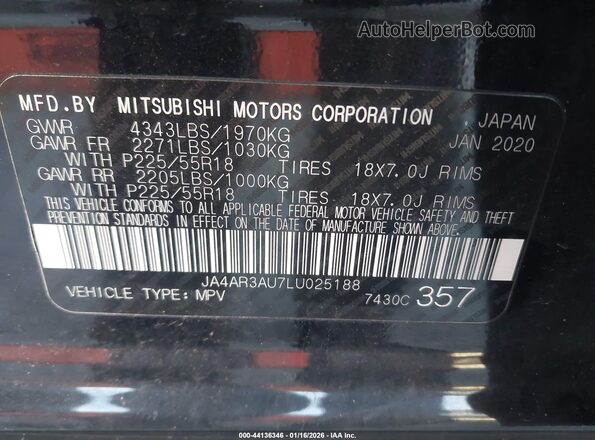 JA4AR3AU7LU025188 2020 MITSUBISHI OUTLANDER SPORT Black 