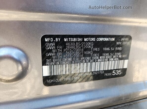 JA4AS3AA3LZ021703 2020 MITSUBISHI ECLIPSE Gray VIN კოდის სტიკერის ხედი