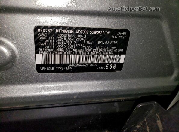 JA4ASWAA7NZ050495 2022 MITSUBISHI ECLIPSE Silver VIN sticker view
