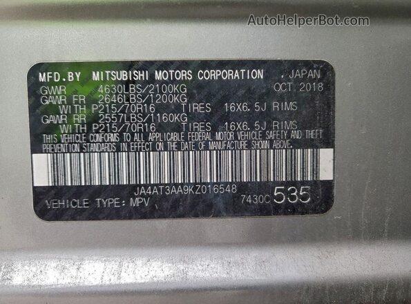 JA4AT3AA9KZ016548 2019 MITSUBISHI ECLIPSE Серебряный Вид наклейки с VIN-кодом