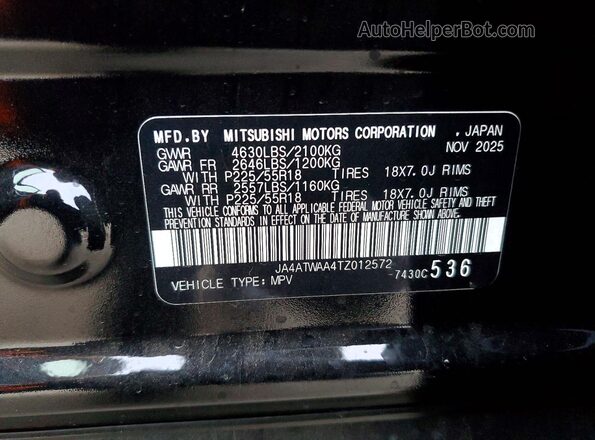 JA4ATWAA4TZ012572 2026 MITSUBISHI ECLIPSE Black Widok naklejki z numerem VIN