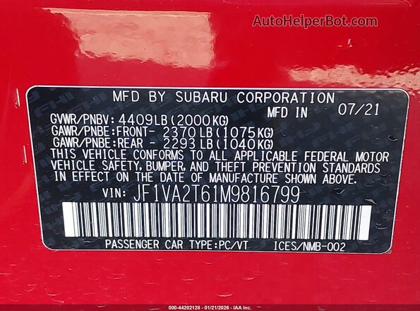 JF1VA2T61M9816799 2021 SUBARU WRX STI Pewter Vista del compartimento del motor