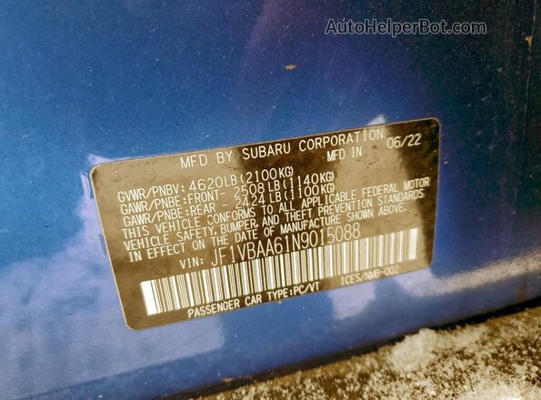 JF1VBAA61N9015088 2022 SUBARU WRX Blue Vista de la etiqueta del VIN