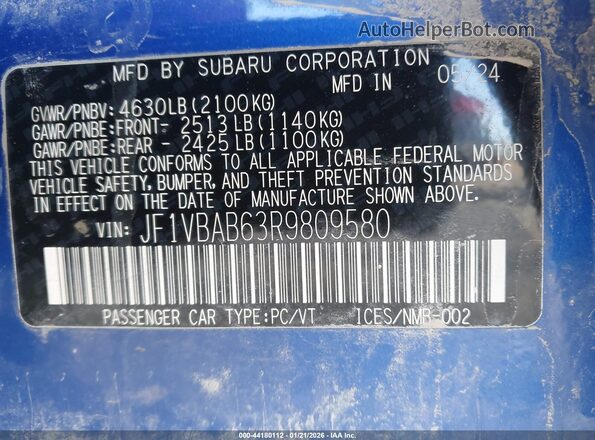 JF1VBAB63R9809580 2024 SUBARU WRX Blue 