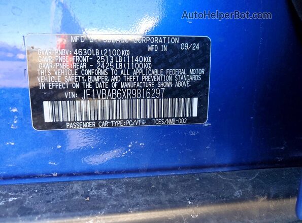 JF1VBAB6XR9816297 2024 SUBARU WRX Blue ძრავის განყოფილების ხედი
