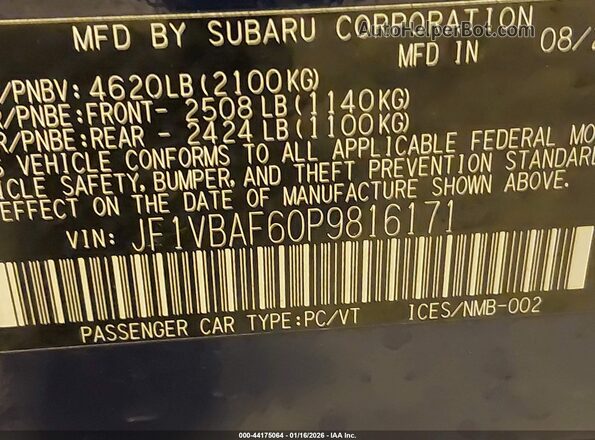 JF1VBAF60P9816171 2023 SUBARU WRX Blue Vista del compartimento del motor