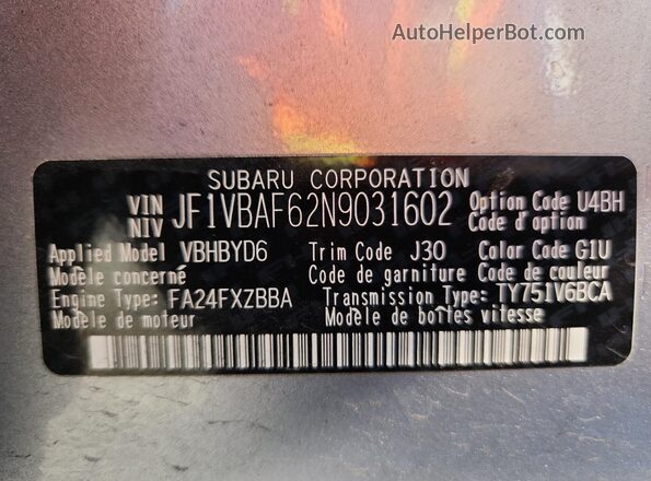 JF1VBAF62N9031602 2022 SUBARU WRX Silver Widok naklejki z numerem VIN