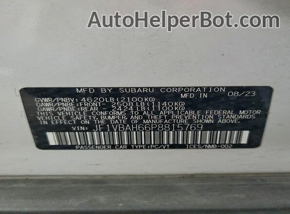 JF1VBAH66P8815769 2023 SUBARU WRX Белый Вид наклейки с VIN-кодом