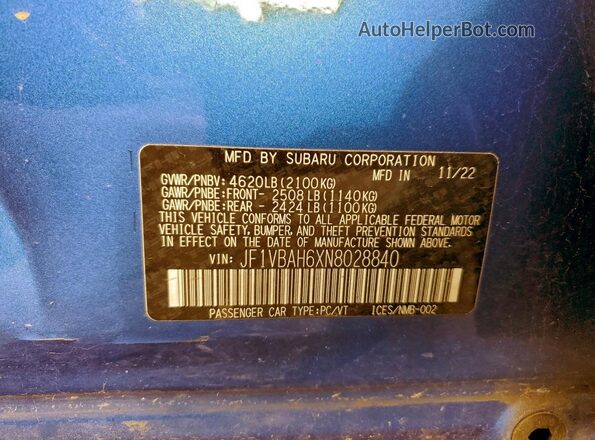 JF1VBAH6XN8028840 2022 SUBARU WRX Blue VIN sticker view