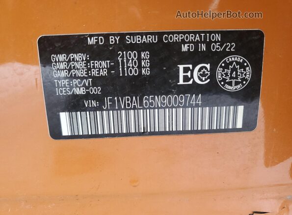 JF1VBAL65N9009744 2022 SUBARU WRX Orange Widok wnętrza 360 stopni