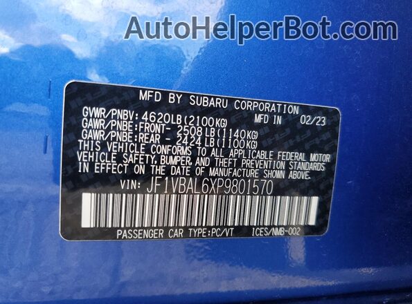 JF1VBAL6XP9801570 2023 SUBARU WRX Blue VIN კოდის სტიკერის ხედი