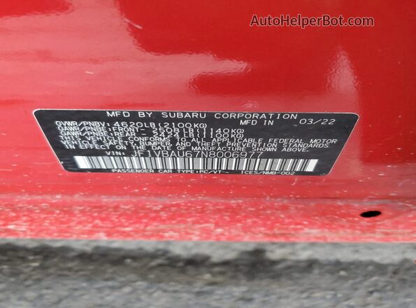 JF1VBAU67N8006977 2022 SUBARU WRX Red Engine compartment view