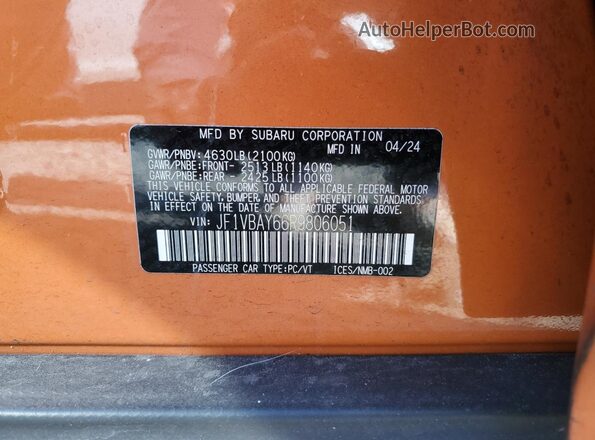 JF1VBAY66R9806051 2024 SUBARU WRX Orange Widok naklejki z numerem VIN