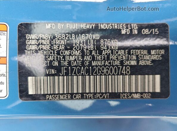JF1ZCAC12G9600748 2016 SUBARU BRZ Blue Շարժիչի բաժամունքի տեսք