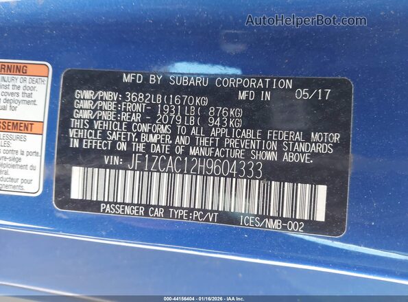 JF1ZCAC12H9604333 2017 SUBARU BRZ Blue Widok komory silnika
