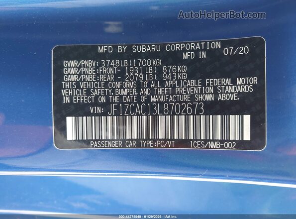 JF1ZCAC13L8702673 2020 SUBARU BRZ Blue 
