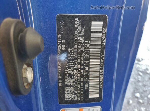 JF1ZCAC14J9601648 2018 SUBARU BRZ Blue Widok naklejki z numerem VIN
