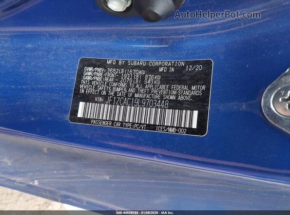 JF1ZCAC19L9703448 2020 SUBARU BRZ Blue Շարժիչի բաժամունքի տեսք