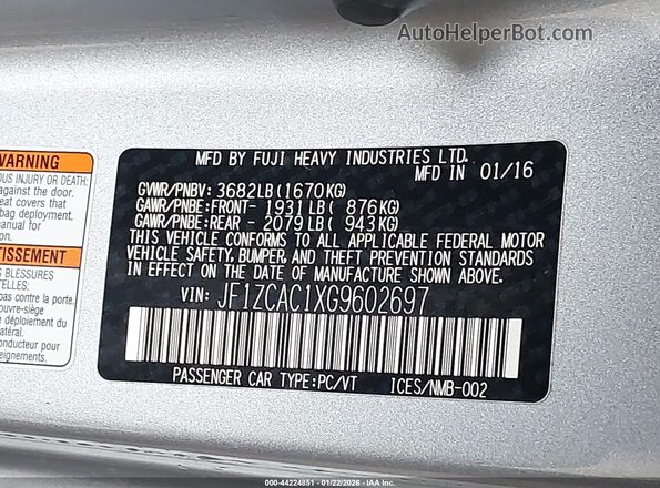 JF1ZCAC1XG9602697 2016 SUBARU BRZ Silver Vista del compartimento del motor