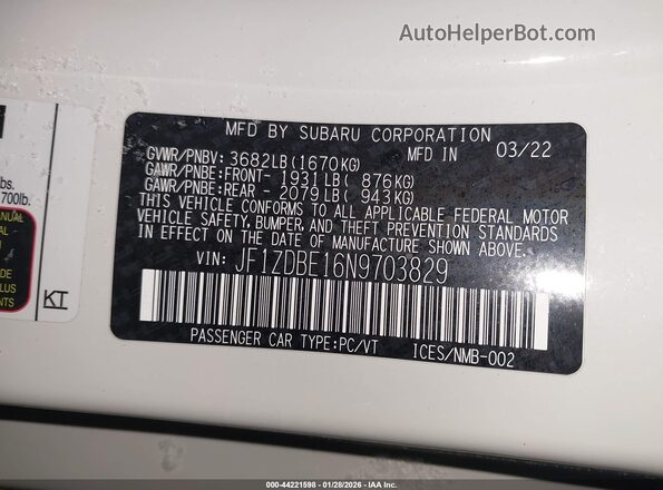 JF1ZDBE16N9703829 2022 SUBARU BRZ White ძრავის განყოფილების ხედი