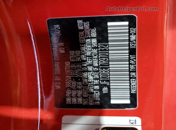JF1ZDBE17R9701321 2024 SUBARU BRZ Red Vista de la etiqueta del VIN